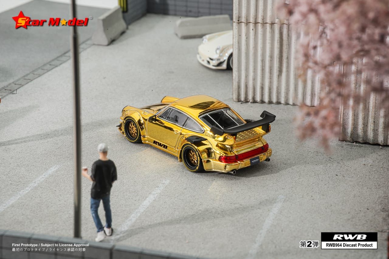 Porsche 911 RWB 964 GT Wing in Chrome Gold 1:64 Scale Diecast Car by Star Model Rear View